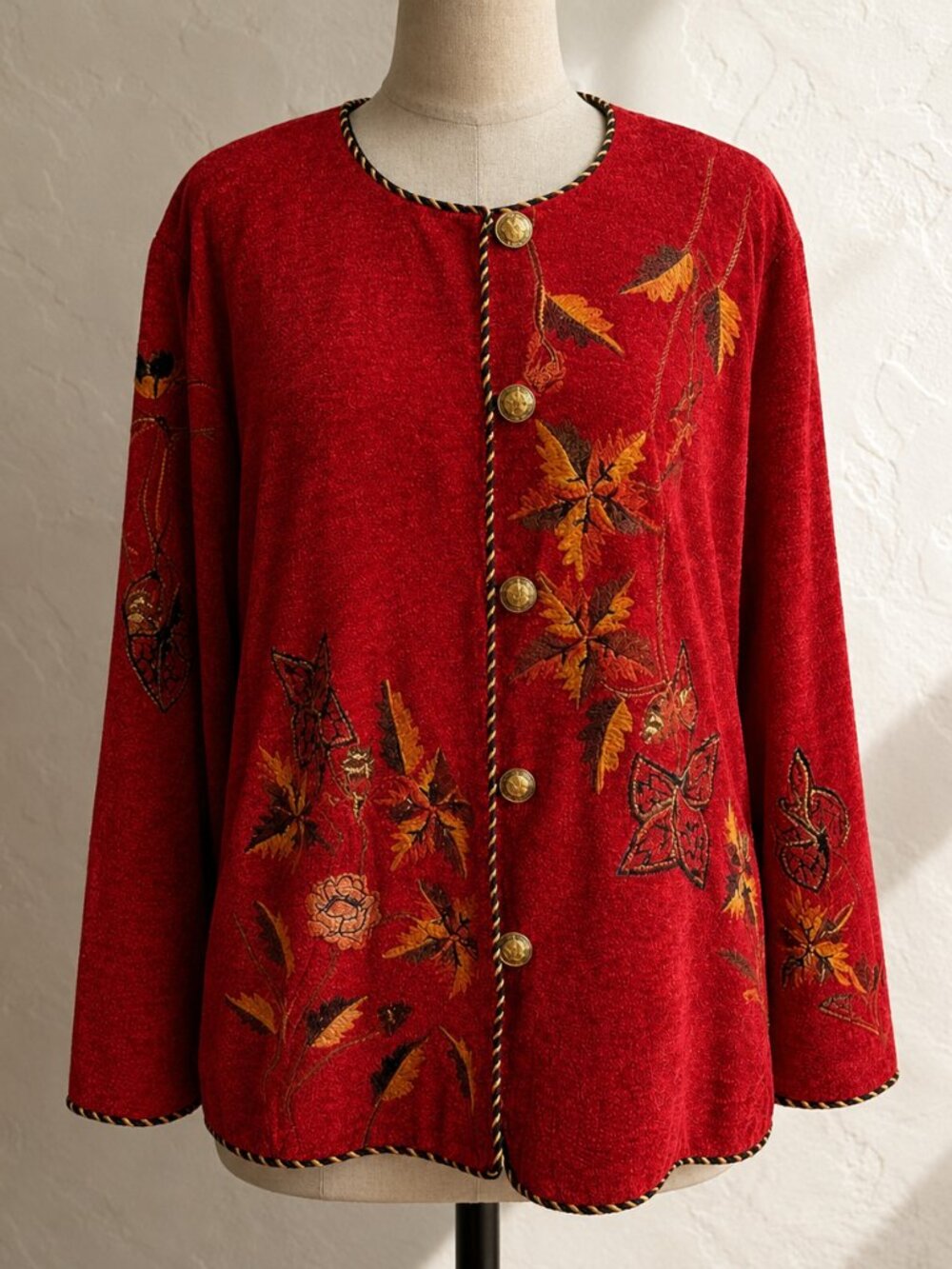 Vintage Maggie Barnes Red Embroidered Jacket 1X Art To Wear Gold Trim Holiday